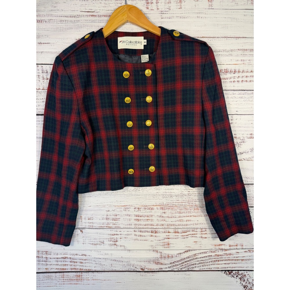 JH Collectibles Petite Wool Plaid Cropped Blazer Jacket 8P Red Green Vintage USA